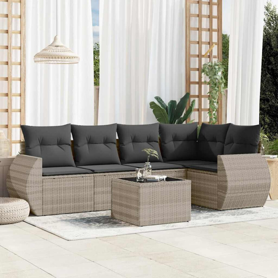 vidaXL 6-delige Loungeset met kussens poly rattan lichtgrijs afbeelding 1