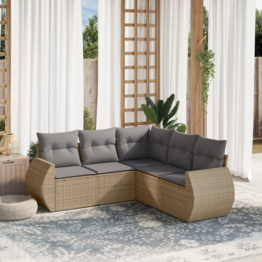 vidaXL 5-delige Loungeset met kussens poly rattan beige afbeelding 1