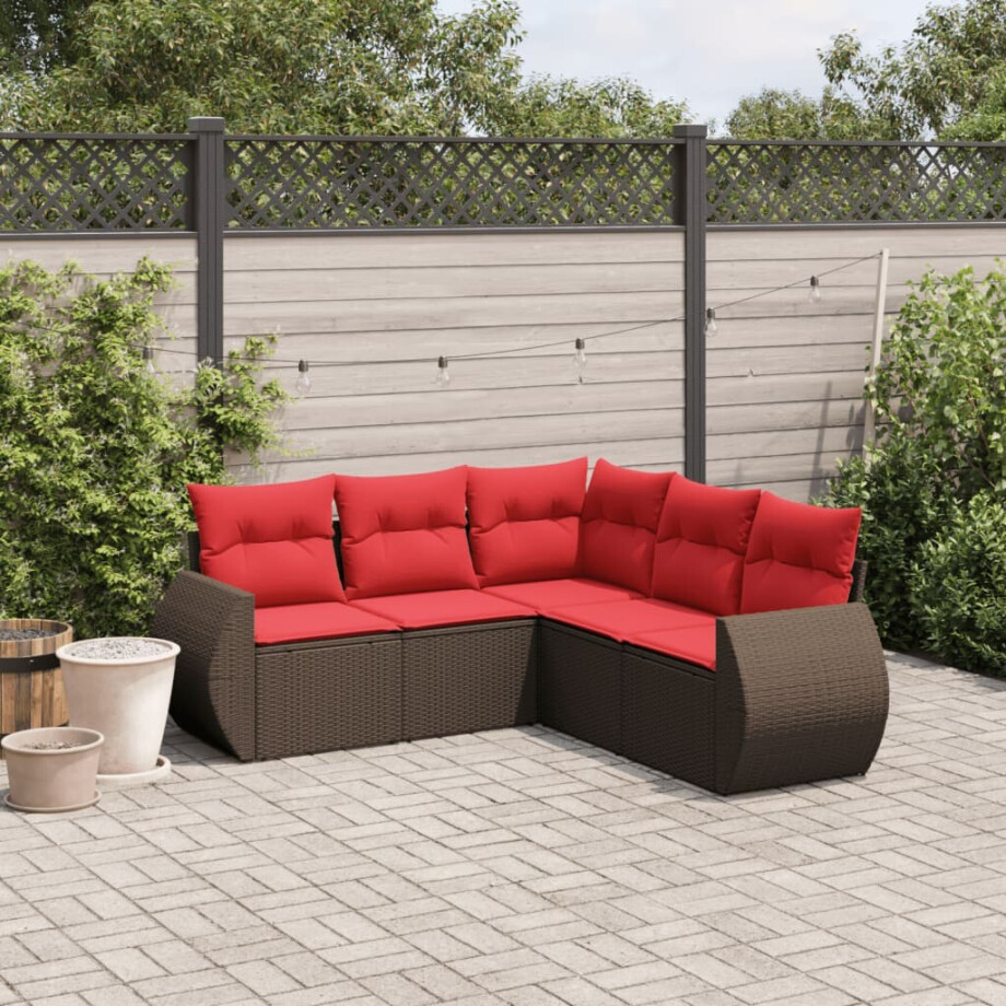 vidaXL 5-delige tuinbankset met kussens, bruin polyrotan afbeelding 1