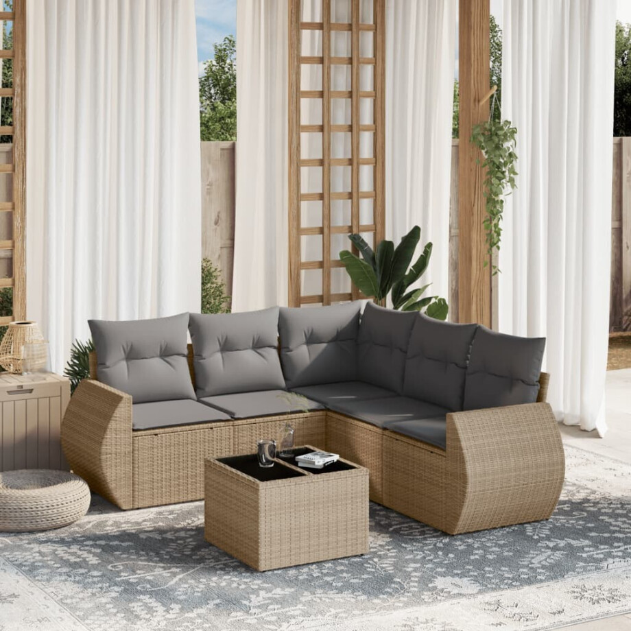 vidaXL 6-delige Loungeset met kussens poly rattan beige afbeelding 1