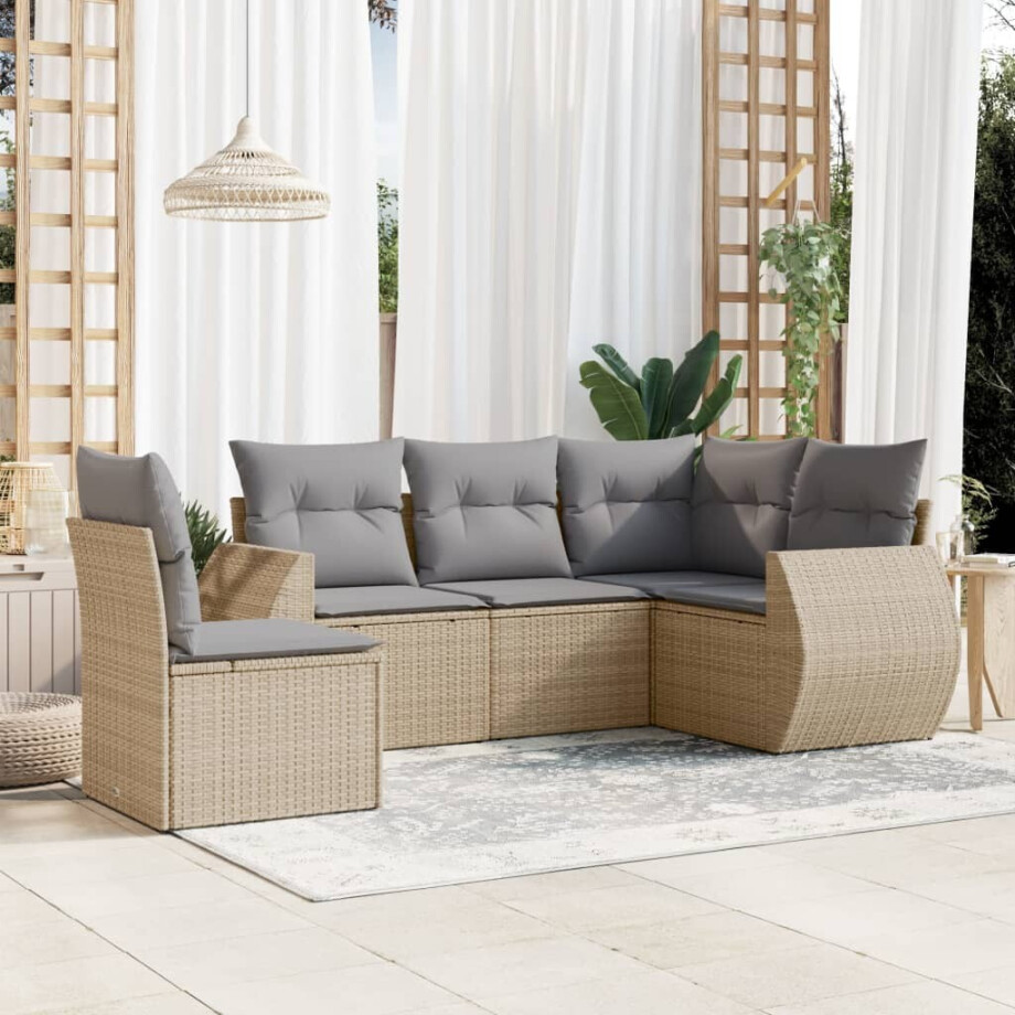 vidaXL 5-delige Loungeset met kussens poly rattan beige afbeelding 1