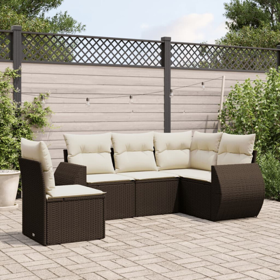 vidaXL 5-delige Loungeset met kussens poly rattan bruin afbeelding 1