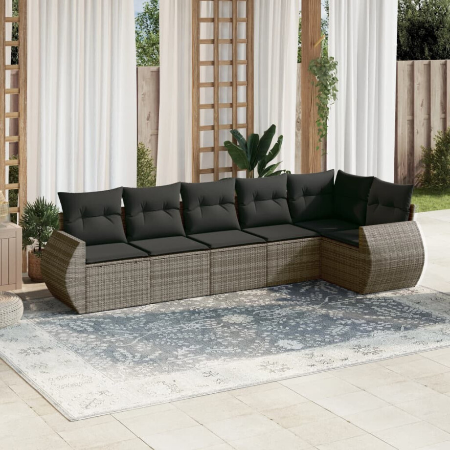 vidaXL 6-delige Loungeset met kussens poly rattan grijs afbeelding 1