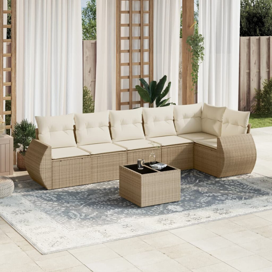 vidaXL 7-delige Loungeset met kussens poly rattan beige afbeelding 1