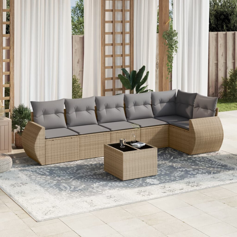 vidaXL 7-delige Loungeset met kussens poly rattan beige afbeelding 1