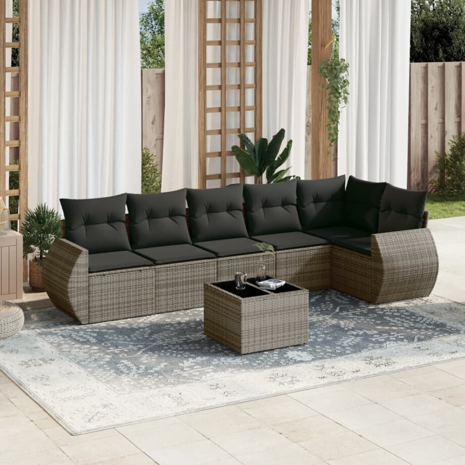 vidaXL 7-delige Loungeset met kussens poly rattan grijs afbeelding 1