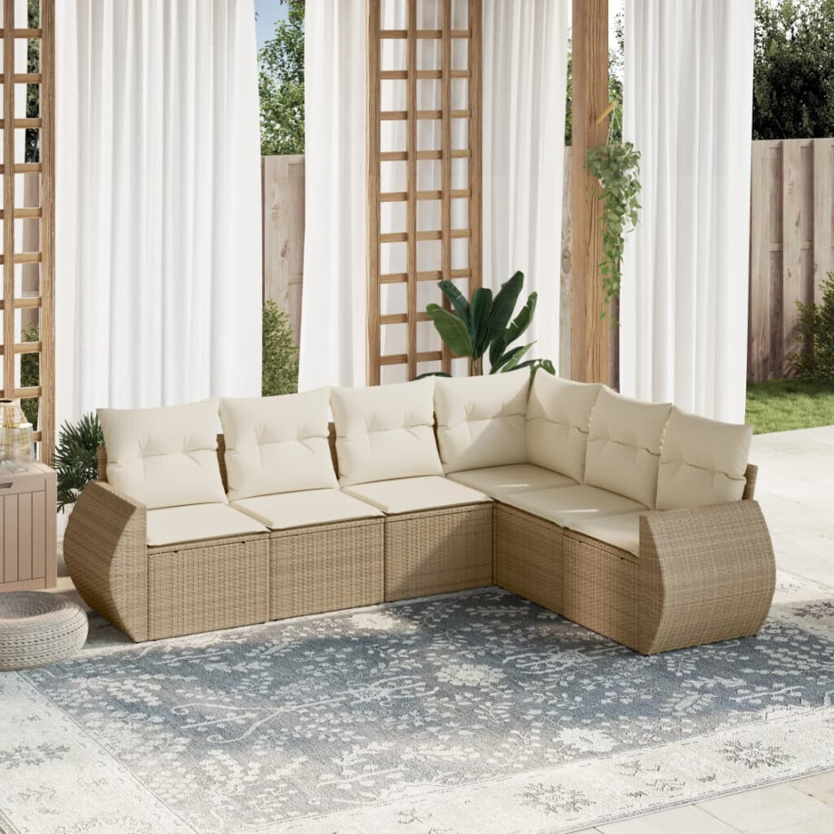 vidaXL 6-delige Loungeset met kussens poly rattan beige afbeelding 1