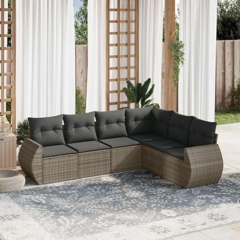 vidaXL 6-delige Loungeset met kussens poly rattan grijs afbeelding 1