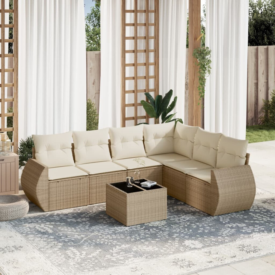 vidaXL 7-delige Loungeset met kussens poly rattan beige afbeelding 1