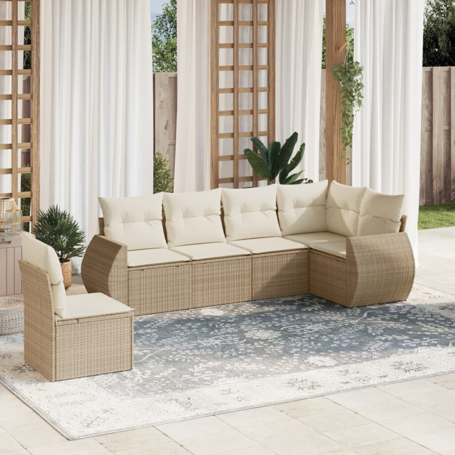 vidaXL 6-delige Loungeset met kussens poly rattan beige afbeelding 1