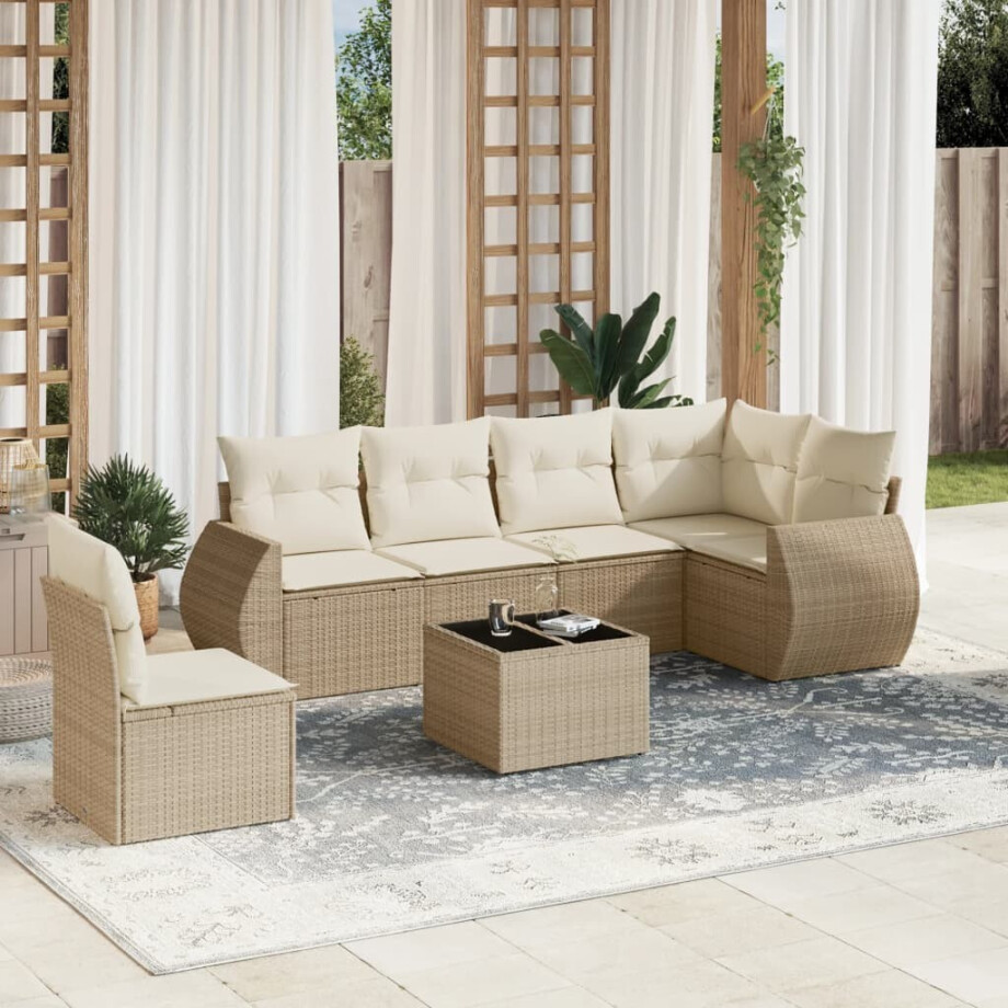 vidaXL 7-delige Loungeset met kussens poly rattan beige afbeelding 1