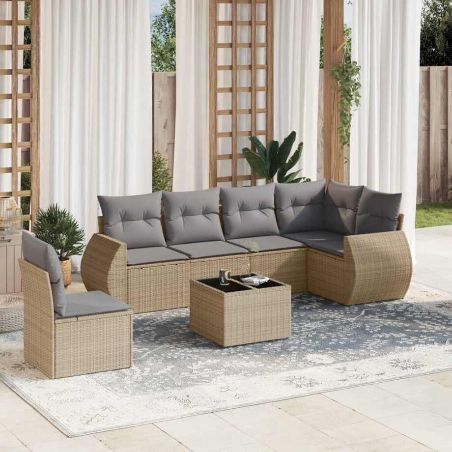 vidaXL 7-delige Loungeset met kussens poly rattan beige afbeelding 1