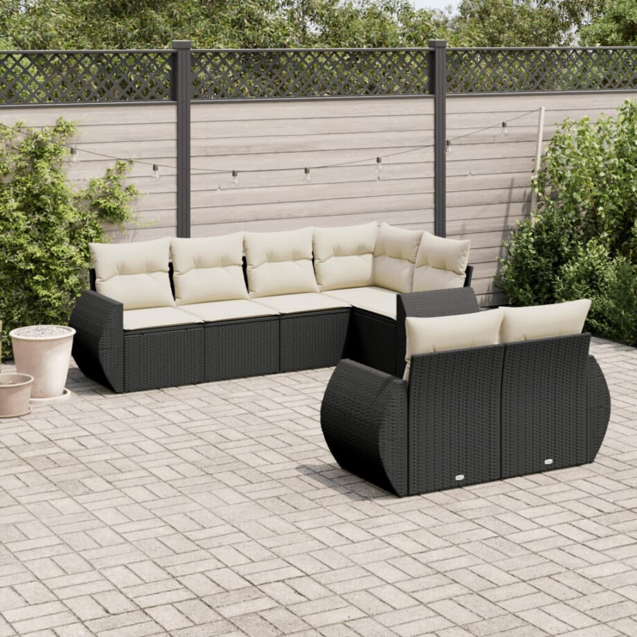 vidaXL 7-delige Loungeset met kussens poly rattan zwart afbeelding 1