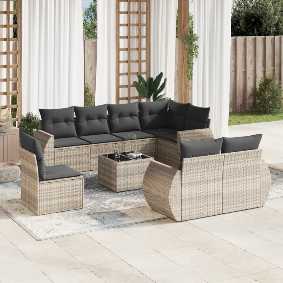 vidaXL 9-delige Loungeset met kussens poly rattan lichtgrijs vidaXL 9-delige Loungeset met kussens poly rattan lichtgrijs afbeelding 1