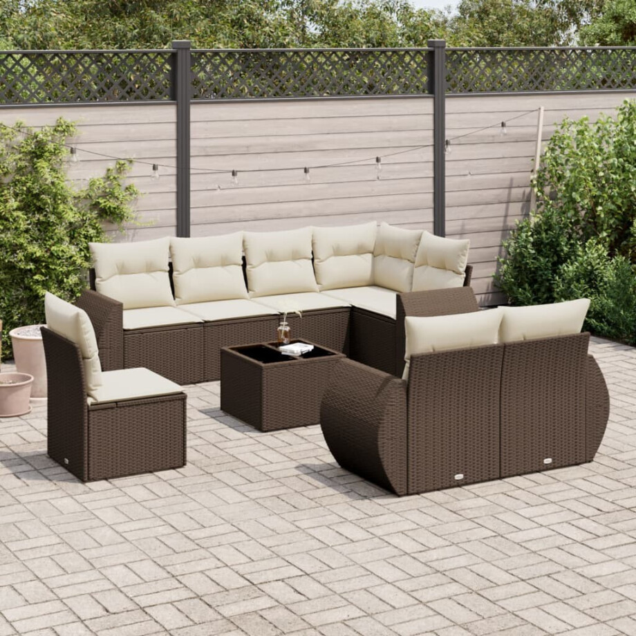 vidaXL 9-delige Loungeset met kussens poly rattan bruin afbeelding 1