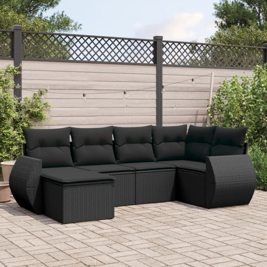 vidaXL 6-delige Loungeset met kussens poly rattan zwart afbeelding 1