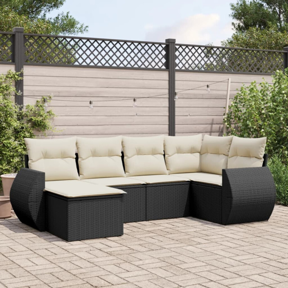 vidaXL 6-delige Loungeset met kussens poly rattan zwart afbeelding 1
