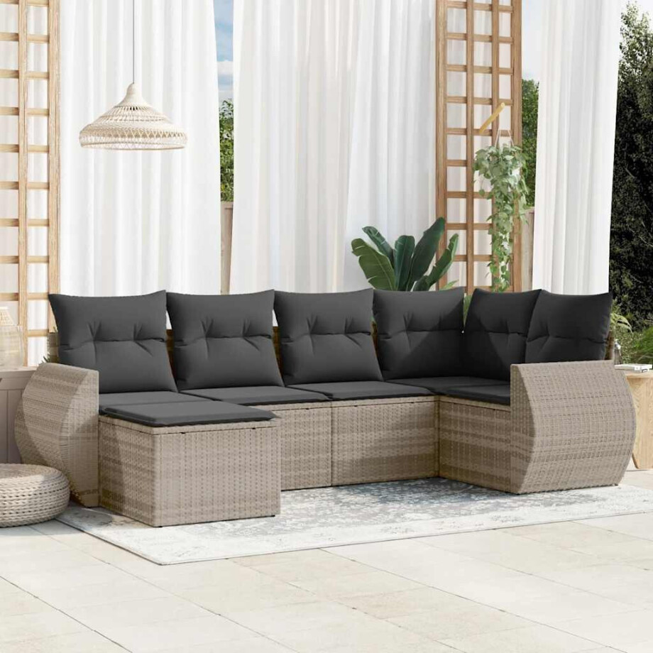 vidaXL 6-delige Loungeset met kussens poly rattan lichtgrijs vidaXL 6-delige Loungeset met kussens poly rattan lichtgrijs afbeelding 1