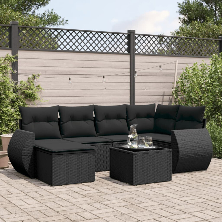 vidaXL 7-delige Loungeset met kussens poly rattan zwart afbeelding 1