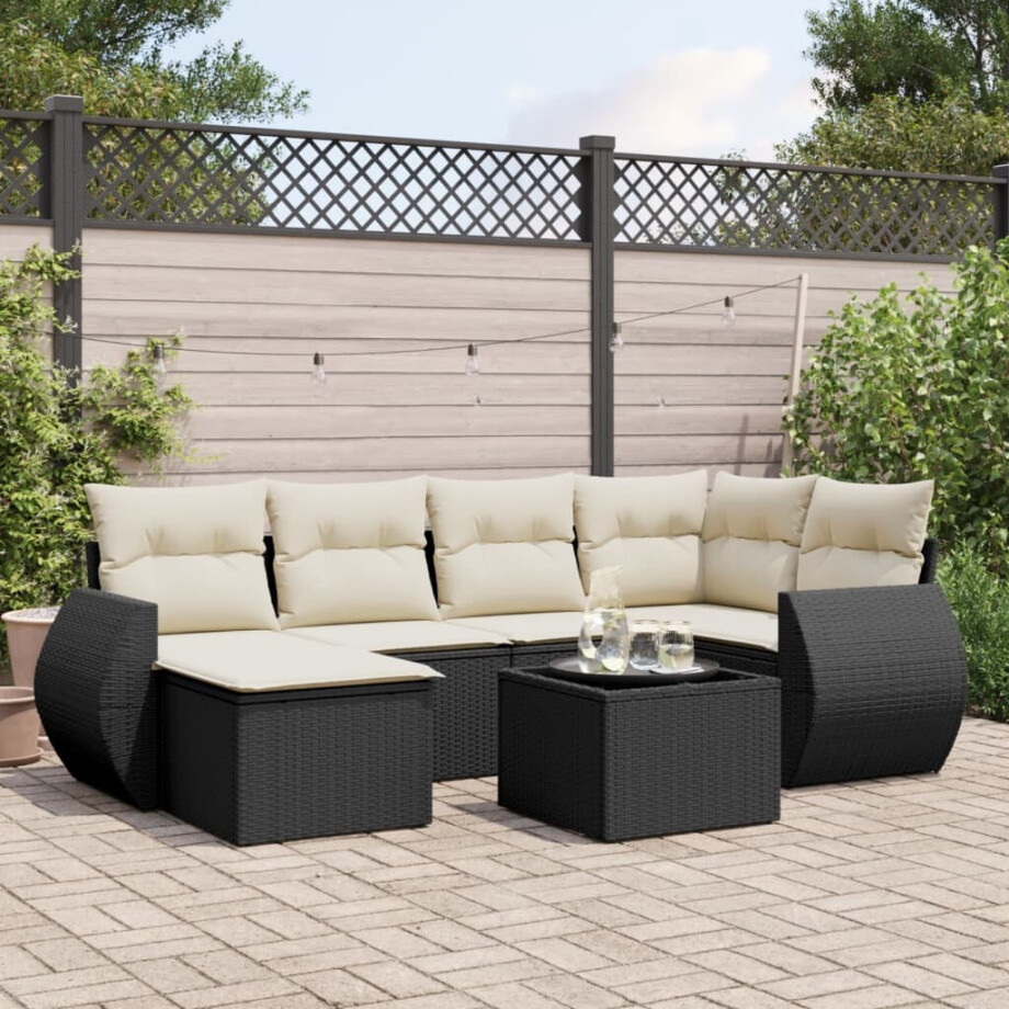 vidaXL 7-delige Loungeset met kussens poly rattan zwart afbeelding 1
