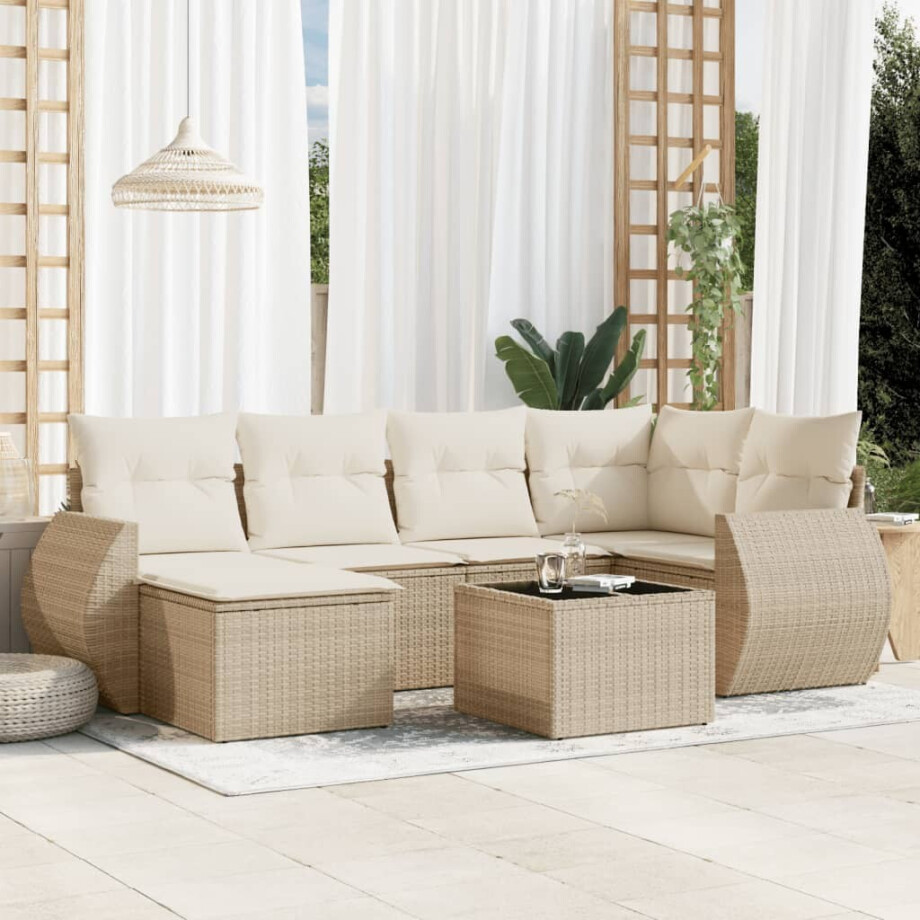 vidaXL 7-delige Loungeset met kussens poly rattan beige vidaXL 7-delige Loungeset met kussens poly rattan beige afbeelding 1