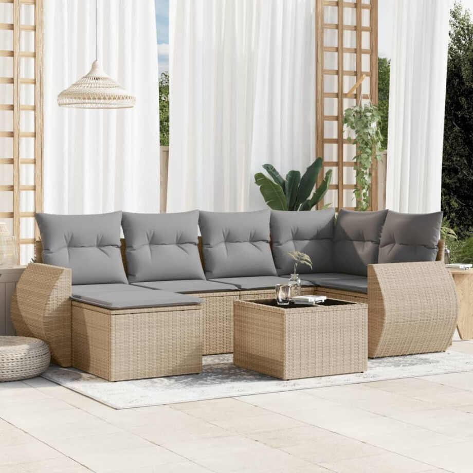 vidaXL 7-delige Loungeset met kussens poly rattan beige vidaXL 7-delige Loungeset met kussens poly rattan beige afbeelding 1