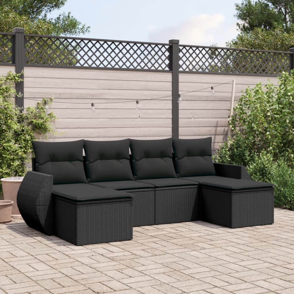 vidaXL 6-delige Loungeset met kussens poly rattan zwart afbeelding 1