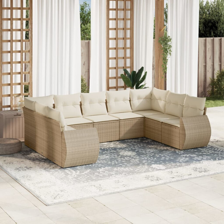 vidaXL 9-delige Loungeset met kussens poly rattan beige afbeelding 1