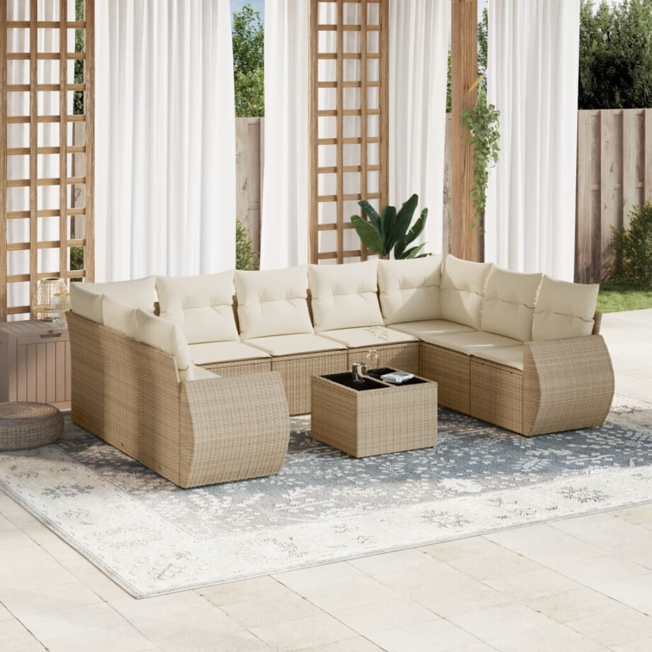 vidaXL 10-delige Loungeset met kussens poly rattan beige afbeelding 1