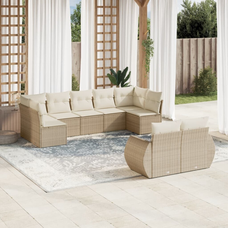 vidaXL 9-delige Loungeset met kussens poly rattan beige afbeelding 1