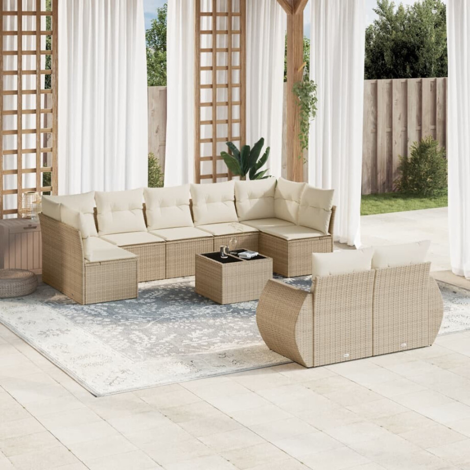 vidaXL 10-delige Loungeset met kussens poly rattan beige afbeelding 1