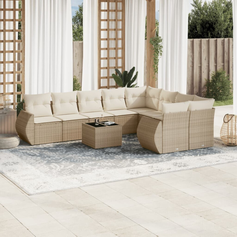vidaXL 10-delige Loungeset met kussens poly rattan beige afbeelding 1