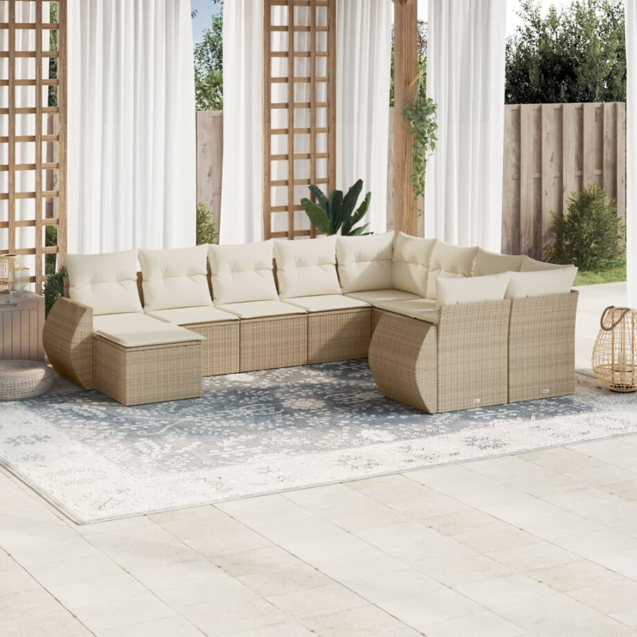 vidaXL 10-delige Loungeset met kussens poly rattan beige afbeelding 1