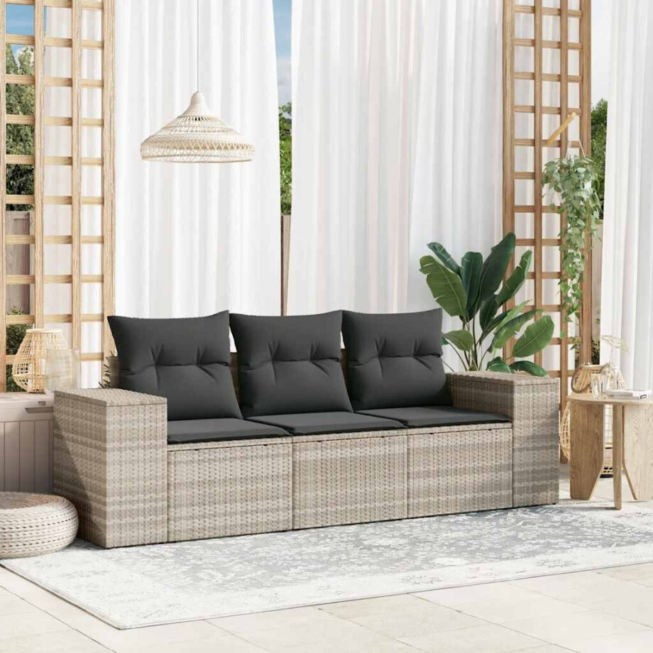 vidaXL 3-delige Loungeset met kussens poly rattan lichtgrijs afbeelding 1