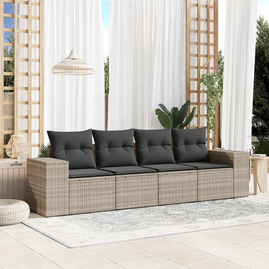 vidaXL 4-delige Loungeset met kussens poly rattan lichtgrijs afbeelding 1