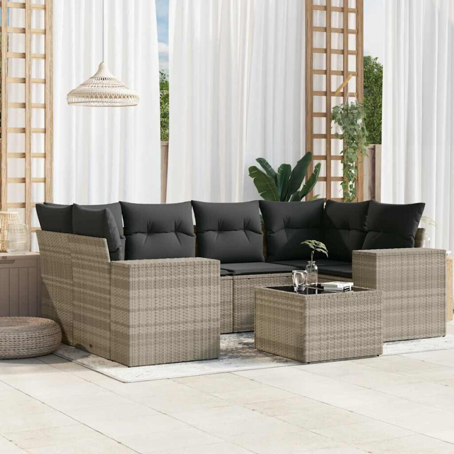 vidaXL 7-delige Loungeset met kussens poly rattan lichtgrijs afbeelding 1