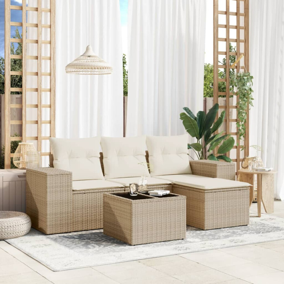 vidaXL 5-delige Loungeset met kussens poly rattan beige afbeelding 1