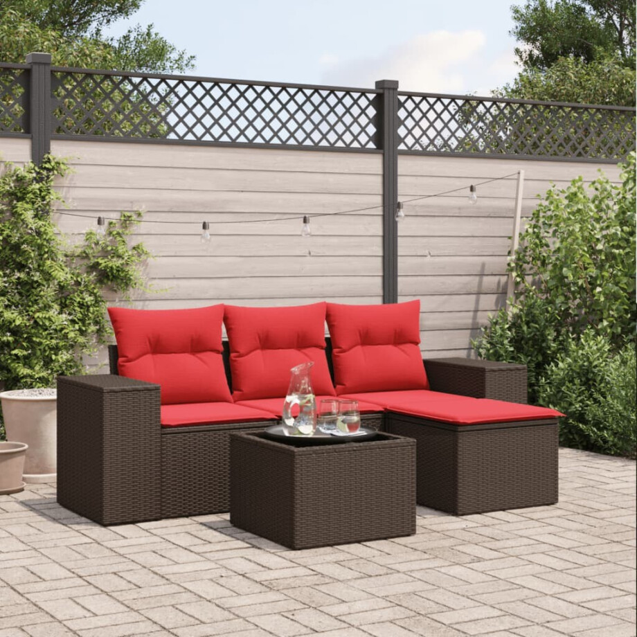 vidaXL 5-delige tuinbankset met kussens, bruin polyrotan vidaXL 5-delige tuinbankset met kussens, bruin polyrotan afbeelding 1