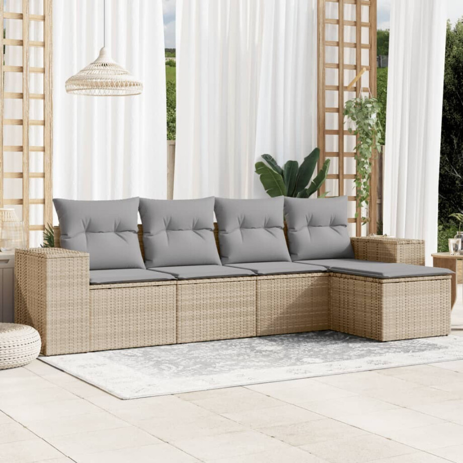 vidaXL 5-delige Loungeset met kussens poly rattan beige afbeelding 1