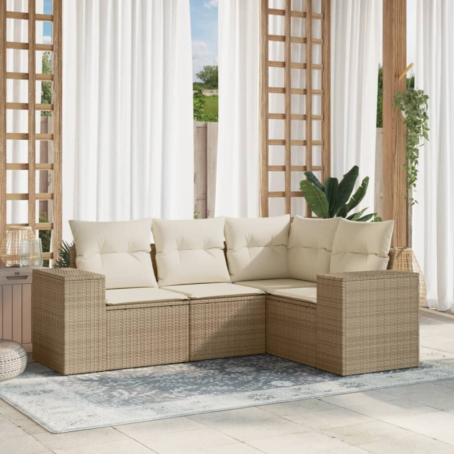 vidaXL 4-delige Loungeset met kussens poly rattan beige afbeelding 1