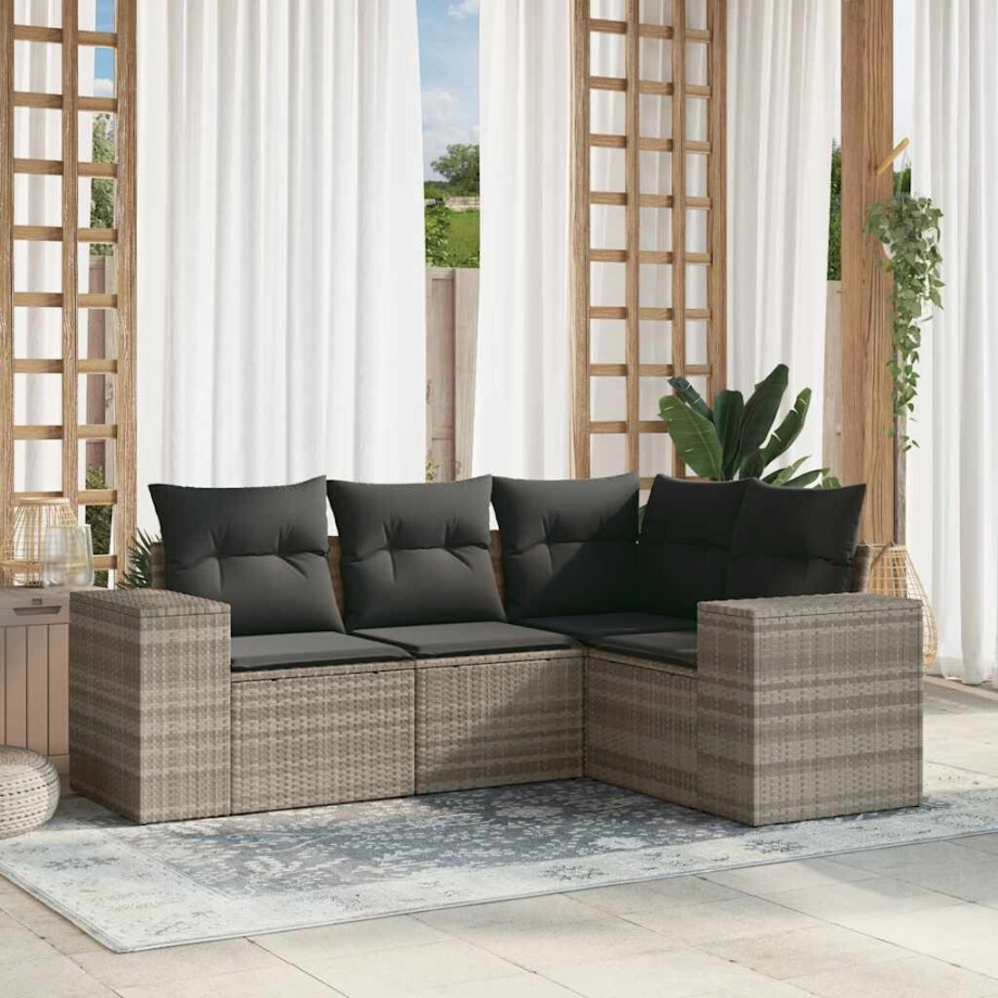 vidaXL 4-delige Loungeset met kussens poly rattan lichtgrijs afbeelding 1