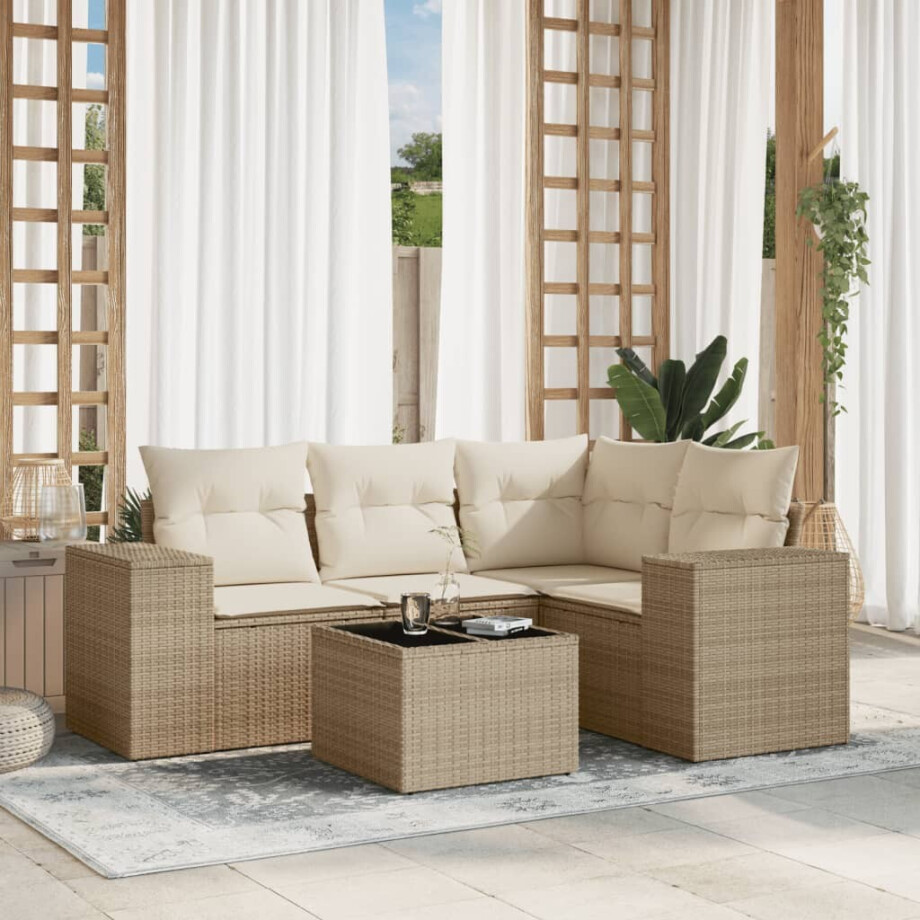 vidaXL 5-delige Loungeset met kussens poly rattan beige afbeelding 1