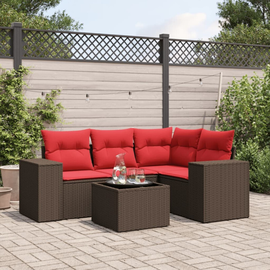 vidaXL 5-delige tuinbankset met kussens, bruin polyrotan vidaXL 5-delige tuinbankset met kussens, bruin polyrotan afbeelding 1
