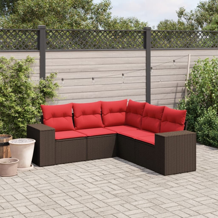 vidaXL 5-delige tuinbankset met kussens, bruin polyrotan vidaXL 5-delige tuinbankset met kussens, bruin polyrotan afbeelding 1