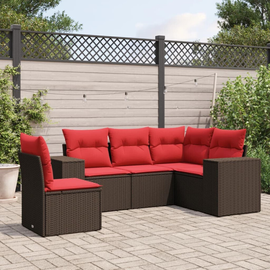 vidaXL 5-delige tuinbankset met kussens, bruin polyrotan vidaXL 5-delige tuinbankset met kussens, bruin polyrotan afbeelding 1