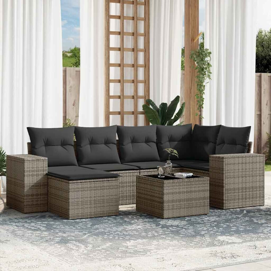 vidaXL 7-delige Loungeset met kussens poly rattan grijs afbeelding 1