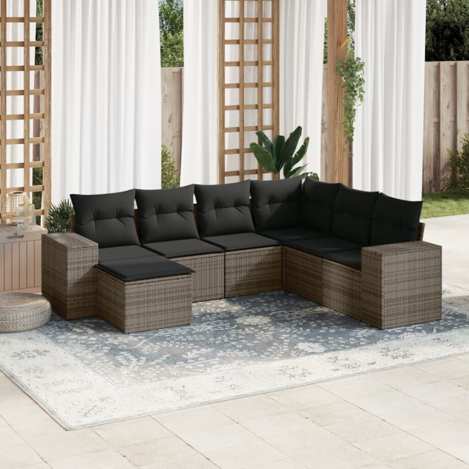 vidaXL 7-delige Loungeset met kussens poly rattan grijs afbeelding 1