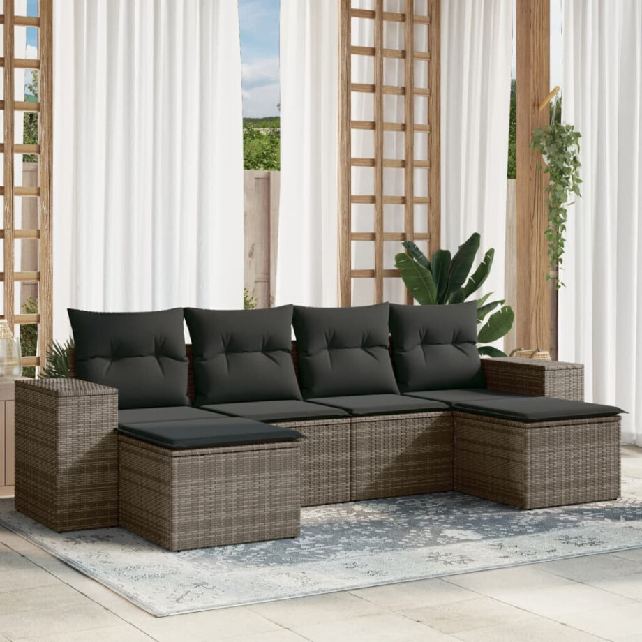 vidaXL 6-delige Loungeset met kussens poly rattan grijs afbeelding 1