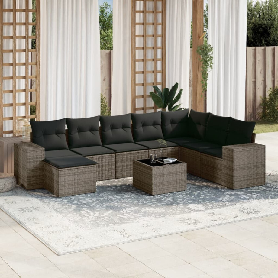 vidaXL 9-delige Loungeset met kussens poly rattan grijs afbeelding 1