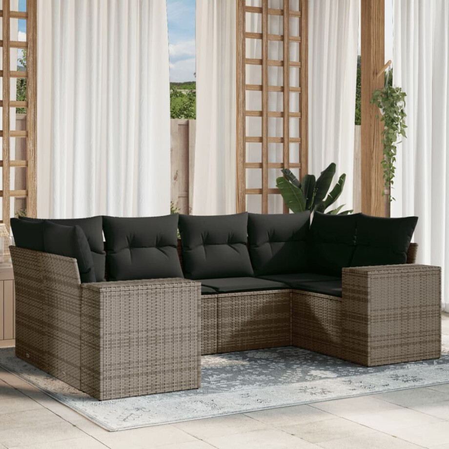 vidaXL 6-delige Loungeset met kussens poly rattan grijs afbeelding 1